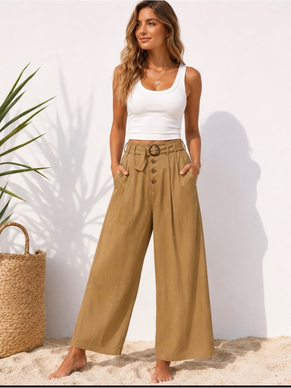 Abercrombie & Fitch Wide-Leg Paperbag Pants in Khaki Tan